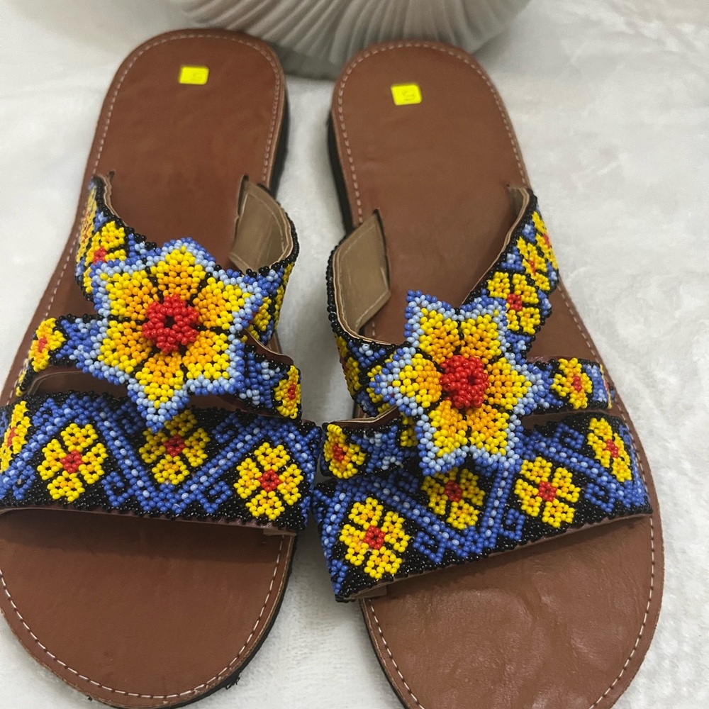 Beaded Floral Sandals - Blue and Yellow